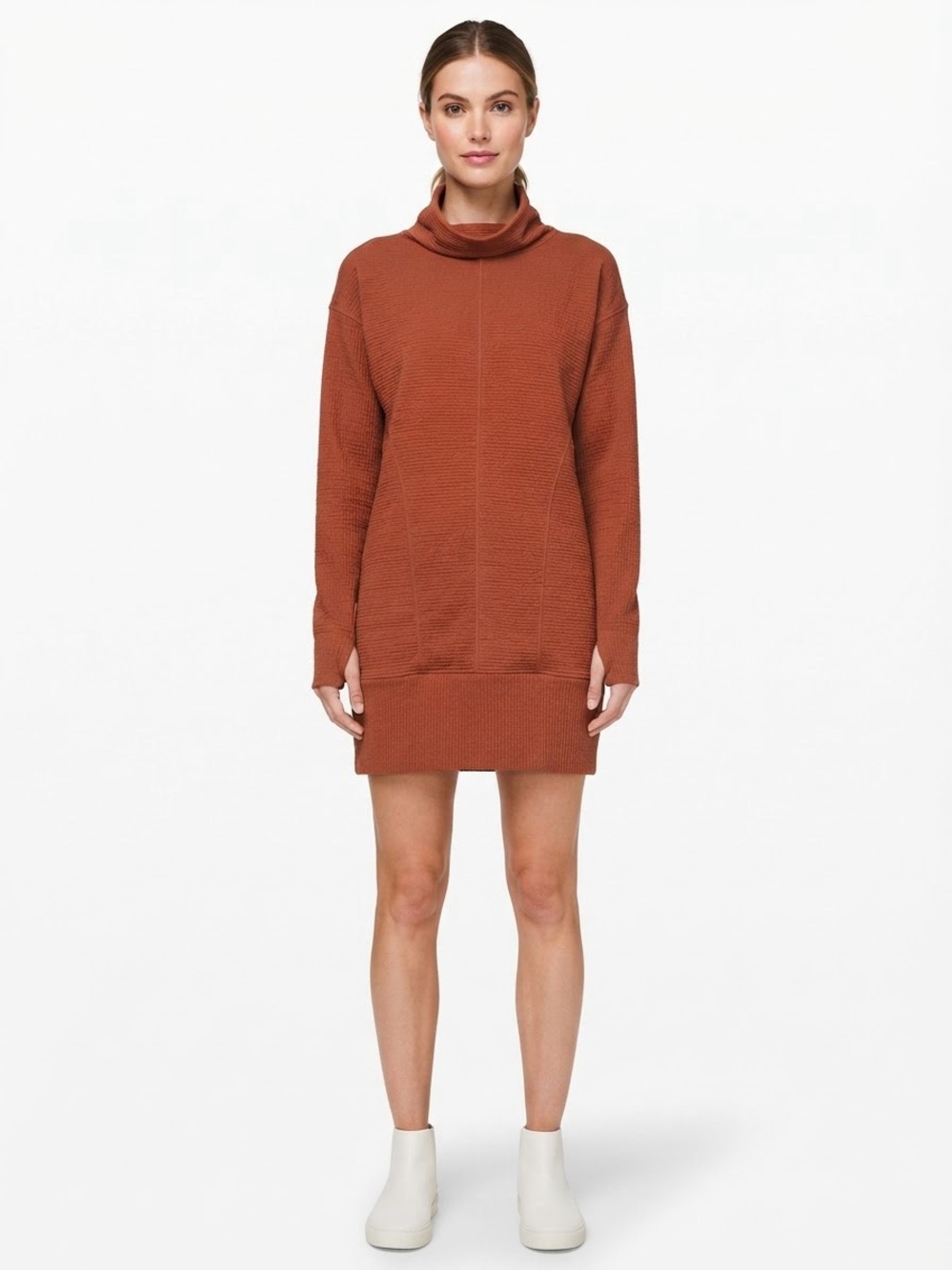 Lululemon Rust Cowl Neck Knit Sweater Dress Size 8 Thumbholes